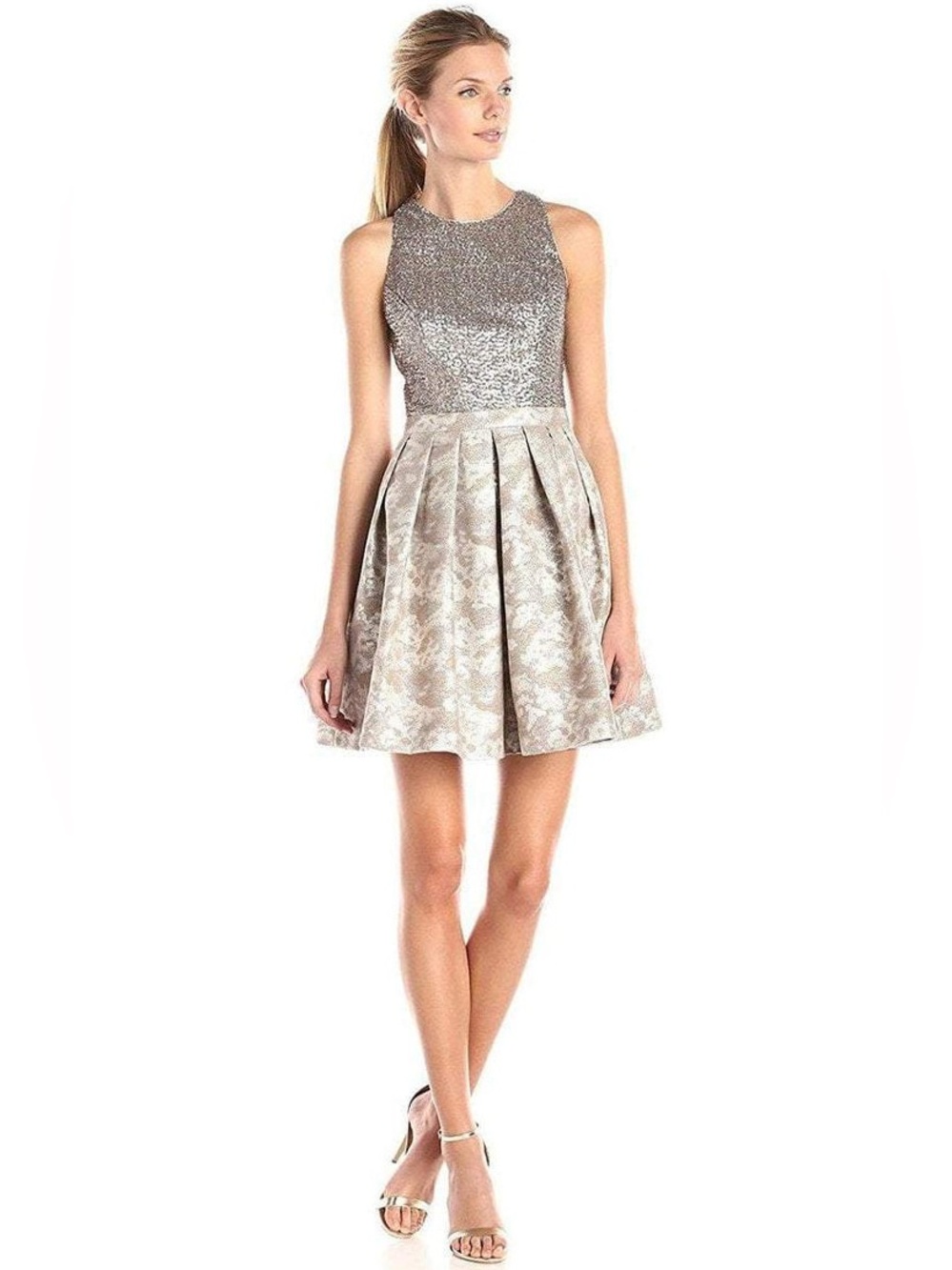 NWT Aidan Mattox I Champagne Sequined Jewel Neck Pleated A Line Dress (Sz 12)
